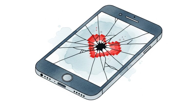 Broken heart on a smartphone.