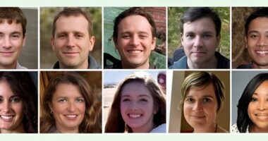 The top row of images are generated by AI, the bottom row are images of real people.