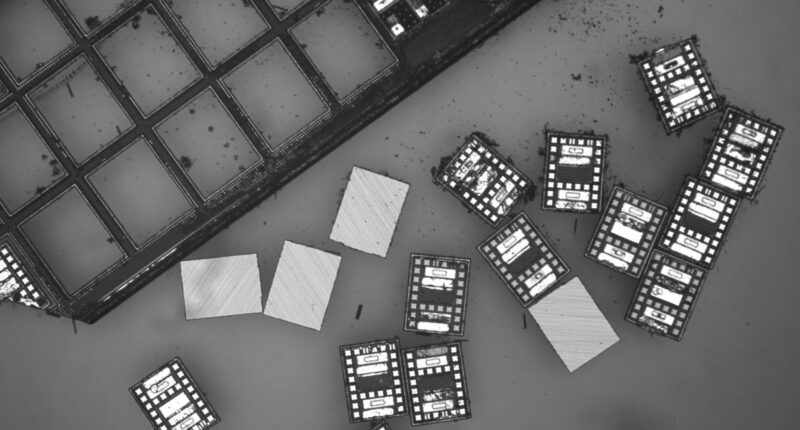 The robots appear black and silvery gray in the grayscale image, with tiny gray squares and rectangles on one side and plain gray on the back